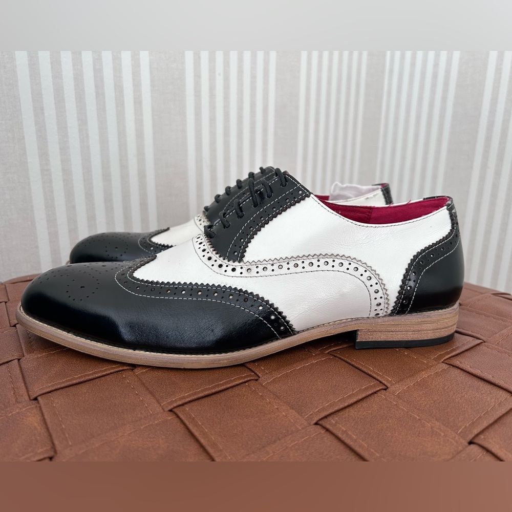 Fiesso FI-7400 Black/White Leather Wingtip Oxfords Men’s Size 42/ US 9